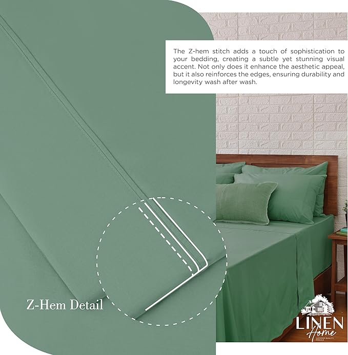 Linen Home 100% Cotton Percale Sheets Twin Size, Frosty Green, Deep Pocket, 3 Pieces Set - 1 Flat, 1 Deep Pocket Fitted Sheet and 1 Pillowcase, Crisp Cool and Strong Bed Linen