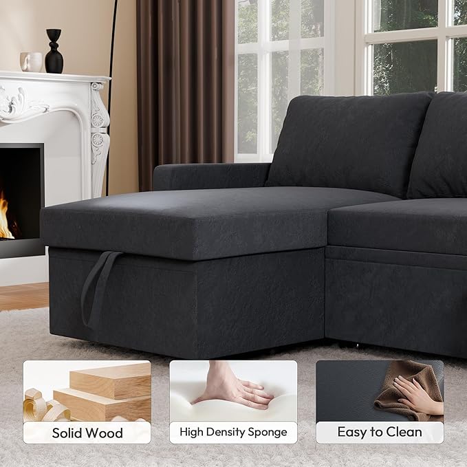 Sleeper Sofa Bed, Modular Sectional Couch with Pull Out Bed, L Shaped Sectional Convertible SofaBed with Storage Seat, for Living Room Apartment Bedroom Office Black Velvet