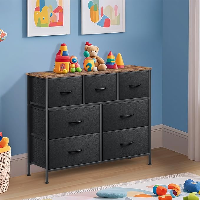 Dresser for Bedroom with 7 Drawers, Chest of Drawers, Storage Drawers Organizer Unit, Black Wide Fabric Dresser with Fabric Bins for Closet, Living Room, Entryway (Black and Rustic Brown)