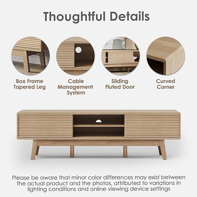 59" TV Console, Mid Century Modern Media Console for 55/60/65 Inch TV, Low Profile TV Stand with Fluted Sliding Doors, Boho Light Wood Credenza for Living Room, Oak