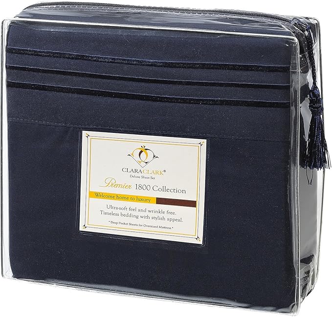 Clara Clark Bed Sheets, Premier 1800 Series 4 Piece Bed Sheet Set, Deep Pocket, Wrinkle, Fade, Stain Resistant, Luxury Soft Bedding Sheets & Pillowcases, California King, Navy Blue