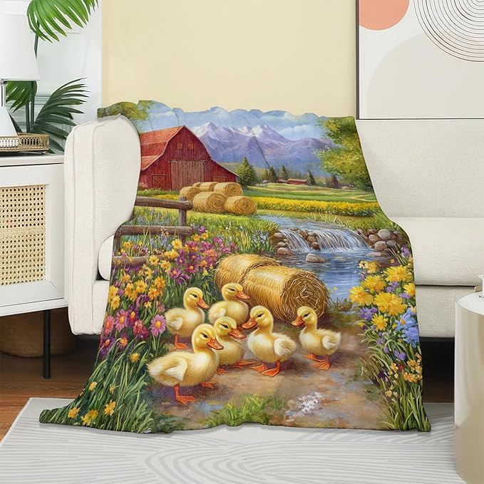 Duckling & Barn Blanket, Soft Cozy Warm Throw Blanket Gifts for Adults Kids Women, Lightweight Comfy Fuzzy Flannel Blankets for Couch, Travel, Car, Home Decor 80×60 Inch