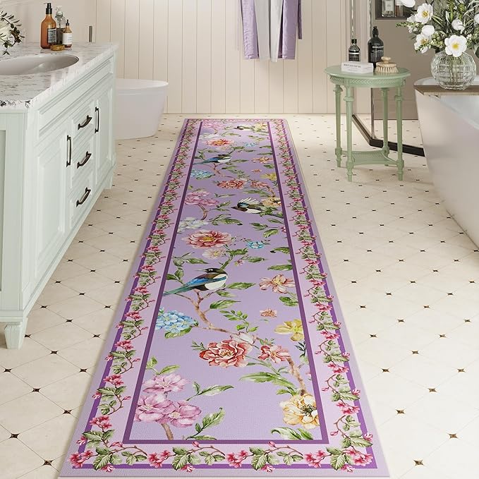 Runners for Kitchen Runner Rug Non Slip 2'x10' Long Washable Rugs with Rubber Backing Soft Floral Bird Magpies Animal Carpet Runner for Kitchen, Laundry, Bedroom, Bathroom (Purple)