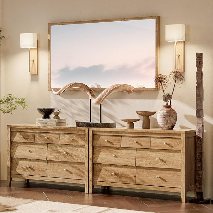 7 Drawers Dresser with Beveled Panel, Farmhouse Chest of Dressers for Bedroom, Wood Dresser TV Stand, Drawer Organizer for Bedroom, Living Room, Hallway, Natural Oak