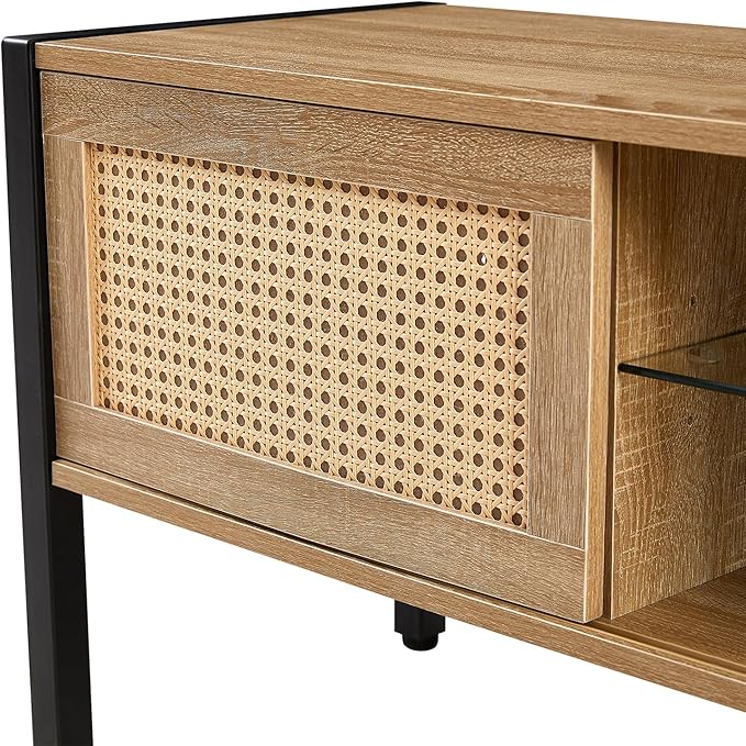 TV Stand, 54.33" TV Console for TVs up to 65 Inches, Mid Century Modern TV Stand Entertainment Center with Storage, with Rattan Door, Shelves & 2 Cabinets, 16 Color Light Strip, Natural