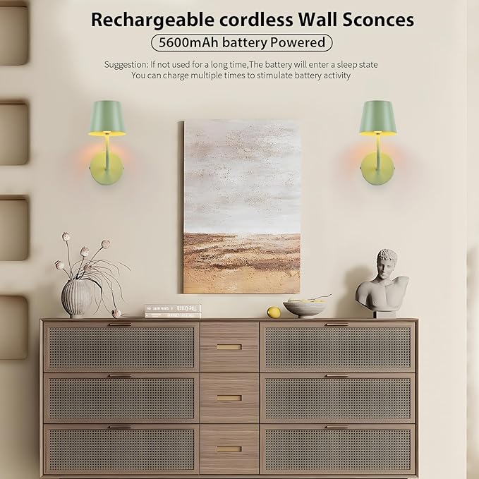 LED Wireless Wall Lamp Set of 2, with 5600mAh Rechargeable Battery Powered Wall Sconces, Touch for Remote Control Infinite Dimming Be Used for Bedroom Mirror Living Room Wall Painting(Green)