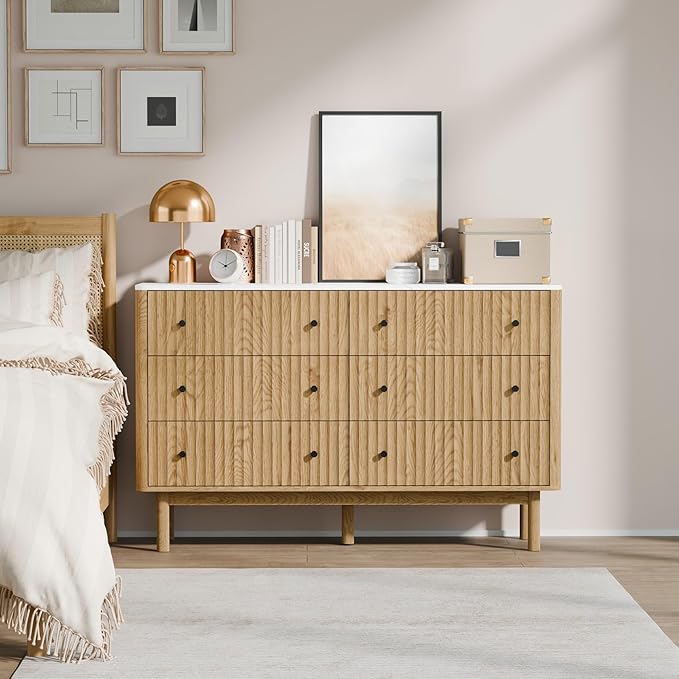 Fluted 6 Drawers Dresser for Bedroom, 54" Wide Modern Chest of Drawers with Faux Marble Top, Curved Profile Design, Solid Wood Legs, Wodden Dresser TV Stand, Storage Organizer for Bedroom,Oak