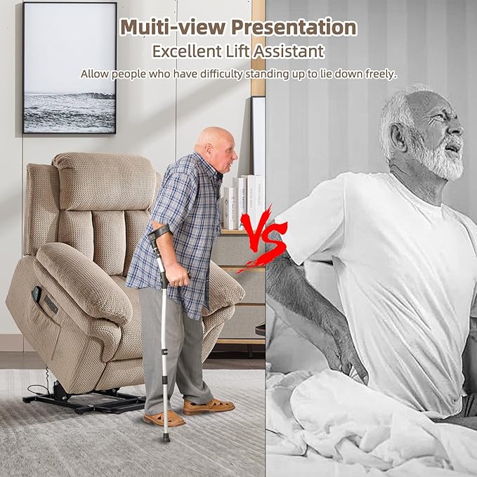 Phoenix Home Oversize Power Lift Recliner Chair with Heat & Massage for Elderly, Extra Large Electric Chair for Adult, Recliners for Living Room,2 Side Pockets, USB and Type-C Port, Light Brown