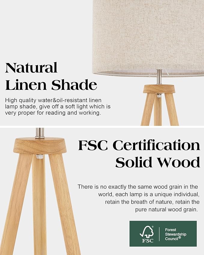 ELYONA Wood Tripod Floor Lamp for Living Room, Nordic Standing lamp with 3 Color Temperatures LED Bulb Included & Beige Linen Shade, Footswitch, Tall lamp for Bedroom, Office, Study Room, Natural Wood