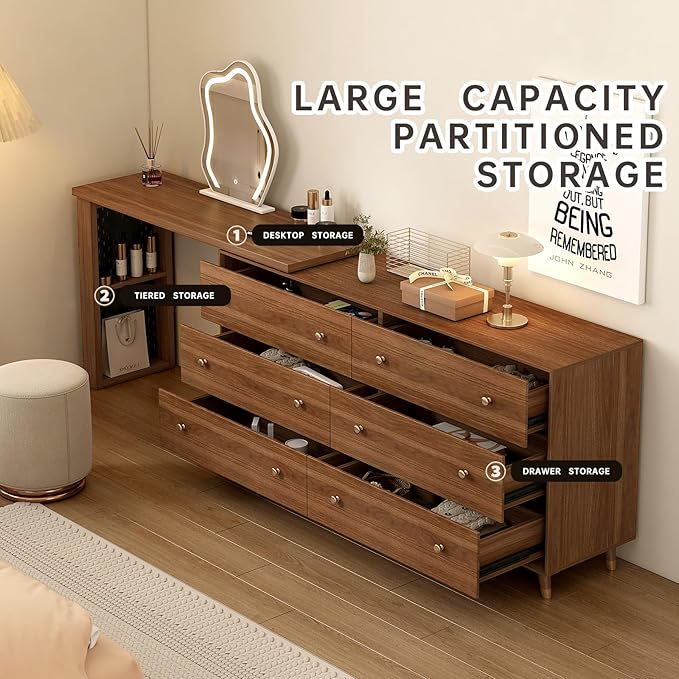 Makeup Vanity Desk Set with Cloud-Pattern HD Lighted Mirror and Stool, 60-100in Extendable Modern Vanity Table, 6-Drawer Solid Wood Frame Storage Cabinet Brown