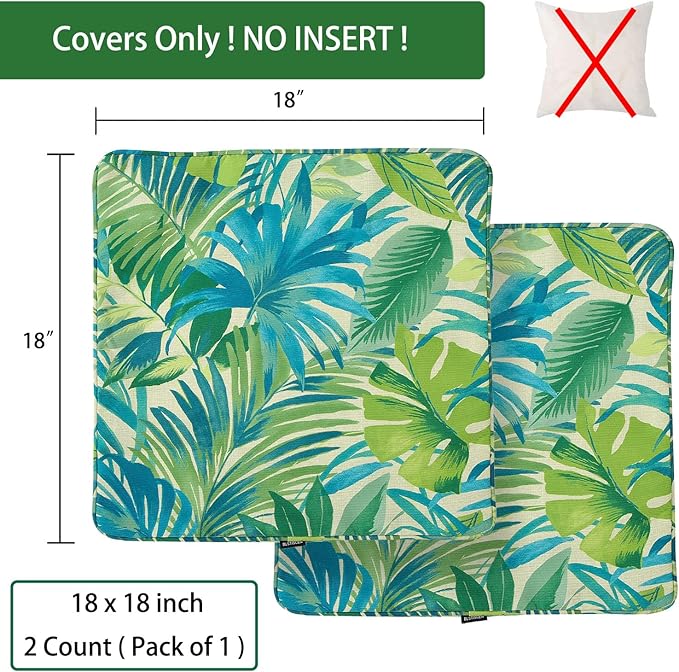 Outdoor Throw Pillow Covers 18x18 Inch, Set of 2, Cover Only! Waterproof Fade Resistant Decorative Cushion Sham Pillow Cases for Patio Furniture Chair Couch Sofa - Green Palm Leaves