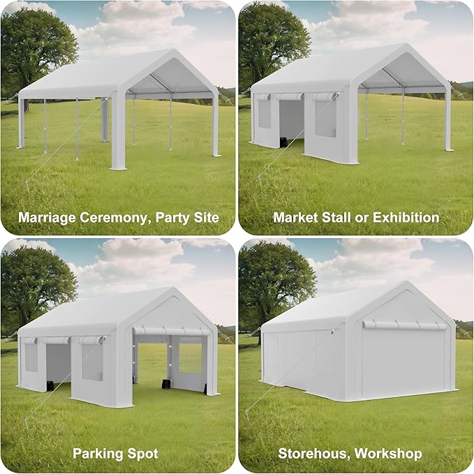 10x20ft Carport Heavy Duty, Portable Garage with 4 Doors + 4 Window, Upgraded Carport with Reinforced Steel Poles, Uv Resistant Waterproof Tarp, Portable Carport for Car, Truck, Boat