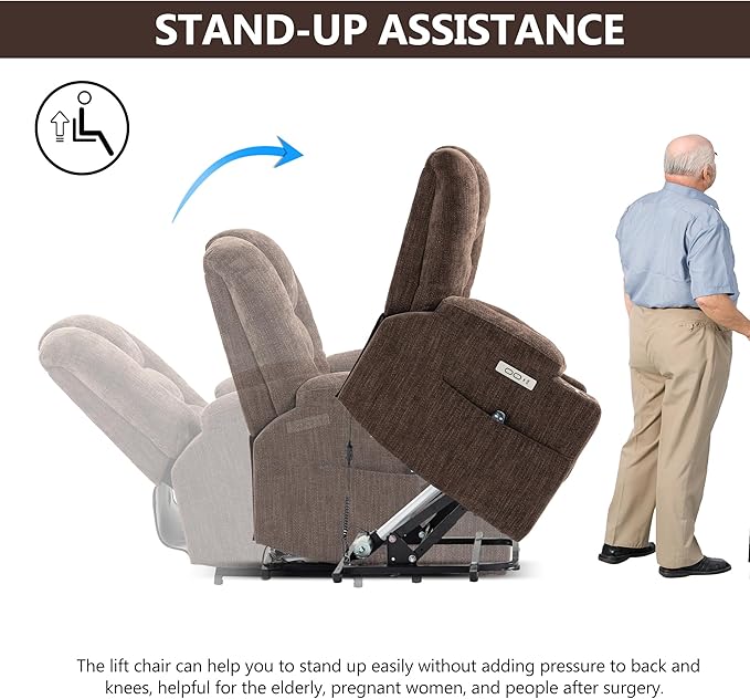 Power Lift Chair with Massage & Heat, Electric Recliner Chairs for Adults, Remote Control, Living Room Sofa, Standing Assistance, USB Ports, Stainless Steel Cup Holders, Chenill, Brown
