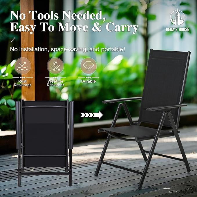 HERA'S HOUSE 7-Piece Outdoor Dining Set for 6, 60" Weather-Resistant Metal Patio Table with 6 Foldable Black Chairs, Perfect for Garden, Backyard, Porch & Lawn (Space-Saving Design)