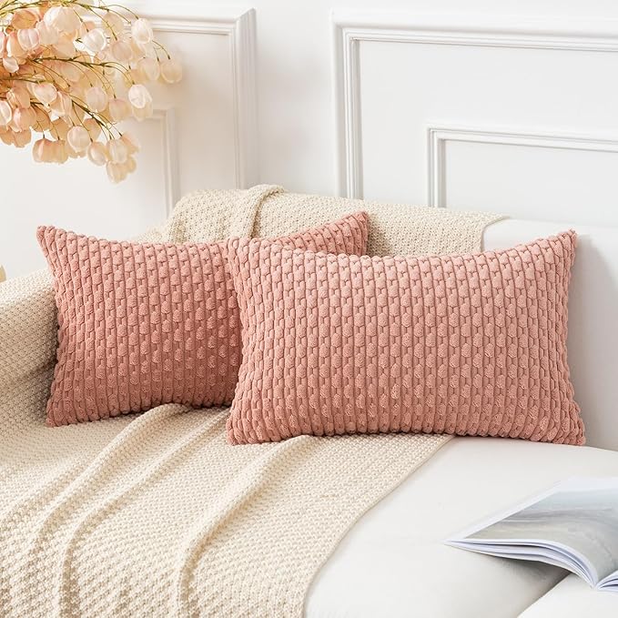 Kevin Textile Throw Pillow Covers Soft Corduroy Decorative Set of 2 Valentines Day Boho Striped Pillow Covers Pillowcases Farmhouse Home Decor for Couch Bed Sofa Living Room 12x20 Inch Baby Pink