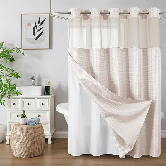 No Hook Shower Curtain with Snap in Fabric Liner, Waffle Weave Heavy Duty Thick Shower Curtains with Mesh Top Window, Hotel Style Waterproof Bathroom Curtain Set, 72 x 75 Inch, Blush Pink
