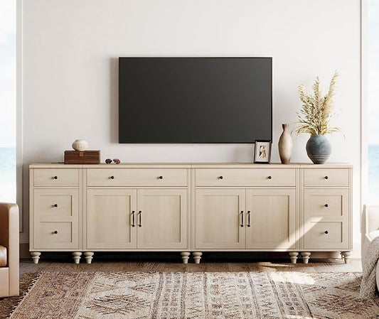 WAMPAT Farmhouse TV Stand for 100 Inch TV, 4-in-1 TV Console Table for 75/80/85/90 Inch TV, Entertainment Center with Charging Station, Kitchen Sideboard Buffet Cabinet for Dining Room, Light Oak