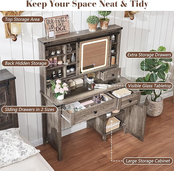 42'' Farmhouse Makeup Vanity Desk with Sliding Mirror and Lights, Glass Tabletop Vanity Table with Barn Door, 4 Drawers & Hidden Shelves, Rustic Big Vanity Women Dressing Table, Light Oak