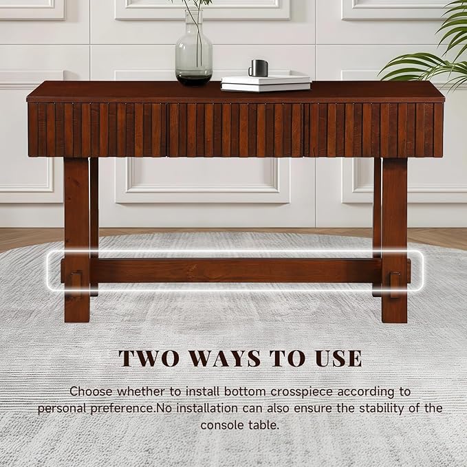 52" Console Table, Solid Wood Fluted Sofa Table Behind The Couch, Mid Century Farmhouse Entryway Table with 3 Drawers for Entrance, Hallway, Living Room, Foyer (Cherry)