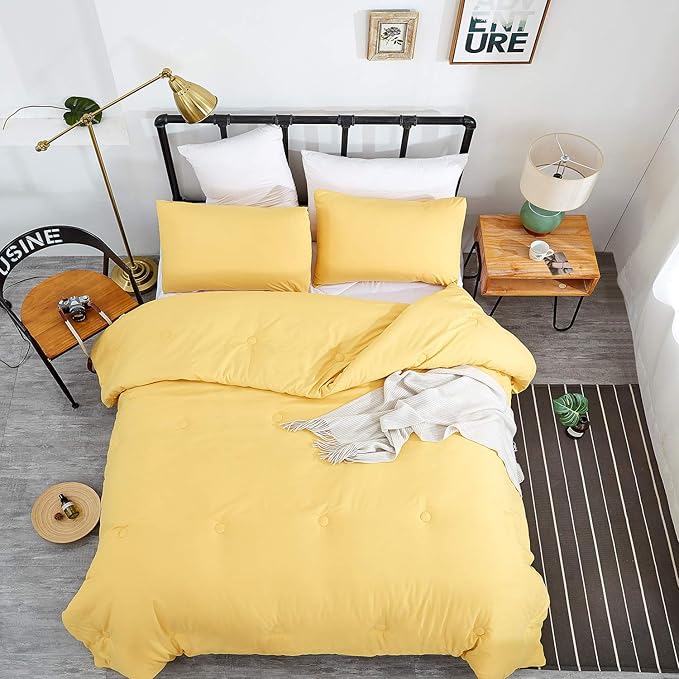 CLOTHKNOW Queen Comforter Set Dark Yellow Bedding Comforter Sets All Season Women Men Comforter Soft with 2 x Pillow Cases