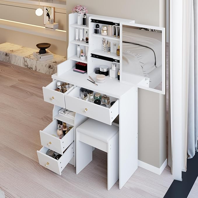 29.2" Small Vanity Desk with Mirror, Makeup Table with Sliding Mirror, Dressing Table with Multi Layer Capacity Storage, Vanity Set with 5 Drawers and Stool for Small Space Bedroom, White