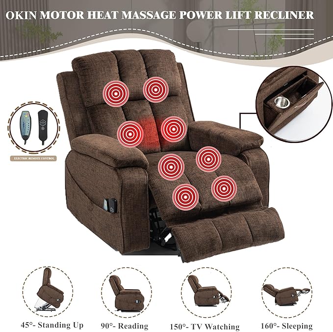 Oversized Lifting Recliners for Seniors, Extended Footrest, Big and Tall Recliners 400 lbs Lay Flat Recliner with Heat & Massage Side Storage Cup Holder for Elderly Relaxing