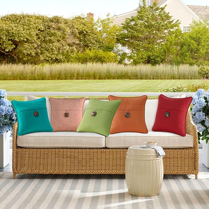 Outdoor Decorative Pillows with Coconut Button Pack of 4, 16" x 16" Outdoor Pillow Set for Couch Bed Throw Patio Sofa, Peacock Blue