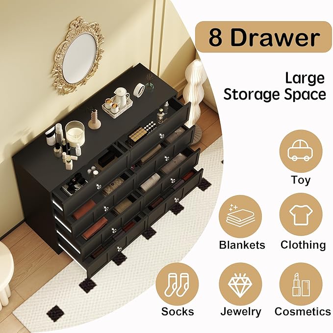 8 Drawer Dresser for Bedroom: 47" Fluted Black Dresser Deep Drawers, Modern Chest of Drawers for Bedroom, Fluted Wood Dressers for Living Room, Hallway