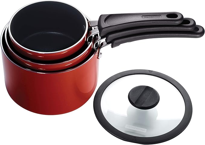 Tramontina Aluminum Non Stick 6-Piece Nesting Sauce Pan Set with Lids - Red, Kitchen Nonstick Cookware Set, Dishwasher and Oven Safe