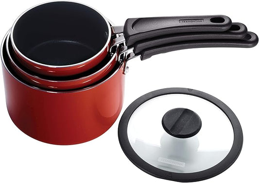 Tramontina Aluminum Non Stick 6-Piece Nesting Sauce Pan Set with Lids - Red, Kitchen Nonstick Cookware Set, Dishwasher and Oven Safe