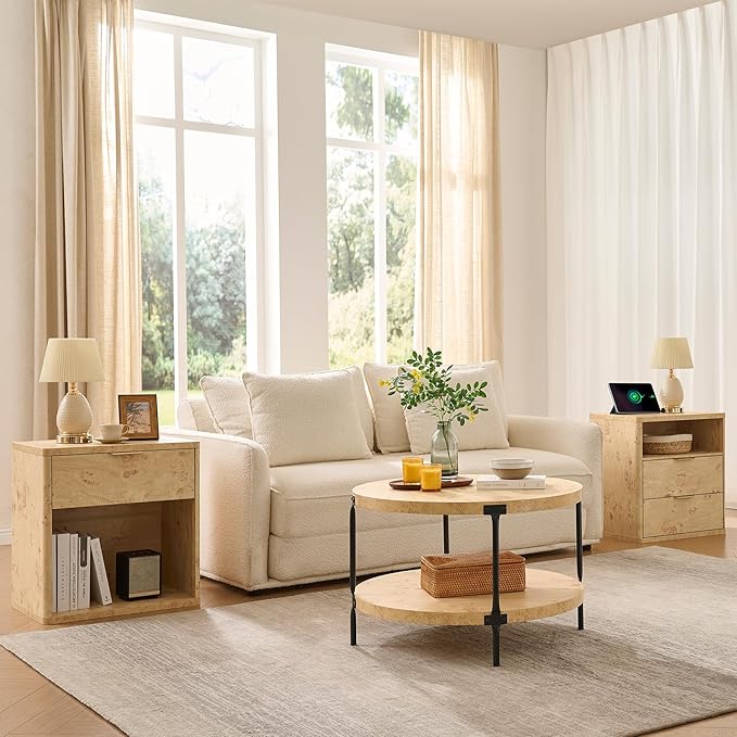 Round Boho Wood Coffee Table - 29.1" Farmhouse Natural Circle Wooden 2-Tier Coffee Tables Living Room Furniture, 29.1" D x 18.3" H, Burl Wood Color