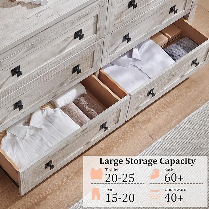 RedLemon Farmhouse 6 Drawer Dresser for Bedroom, 54 Inch Wide Rustic Wood Dresser TV Stand, Dresser Chest of Drawers for Closet, Living Room, Hallway, Antique Brush White