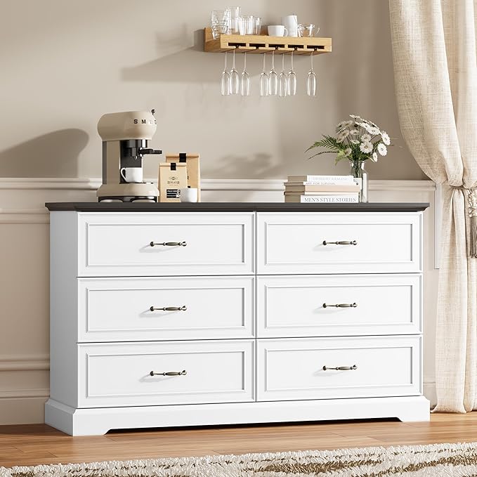 Dresser for Bedroom with 6 Drawer, Farmhouse Dresser for Closet, 53'' Wide Rustic Wooden Chest of Drawers with Natural Wood Texture, Vintage Storage Organizer for Living Room, Hallway, White