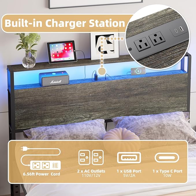 Full Sized Headboard with 2 Tiers Storage Shelves, Sturdy and Stable Headboard with Charging Station, USB Ports and LED Light for Full Bed Frame, Black Oak