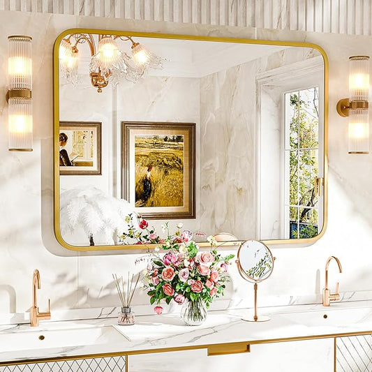 22"×30" Bathroom Mirror for Wall, Modern Bathroom Vanity Mirror, Gold Bathroom Mirrors for Over Sink with Metal Framed HD Tempered Glass Hangs Horizontally or Vertically