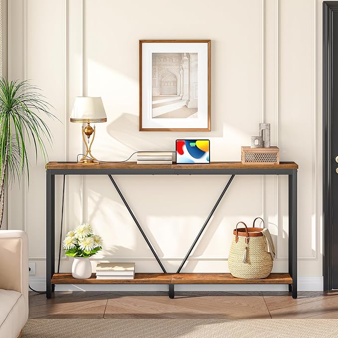 HOOBRO 63" Console Table with Charging Station, 2-Tier Extra Long Sofa Table with V-Brace, for Narrow Space, Entryway Table for Entryway, Hallway, Living Room, Rustic Brown BF166UXG01