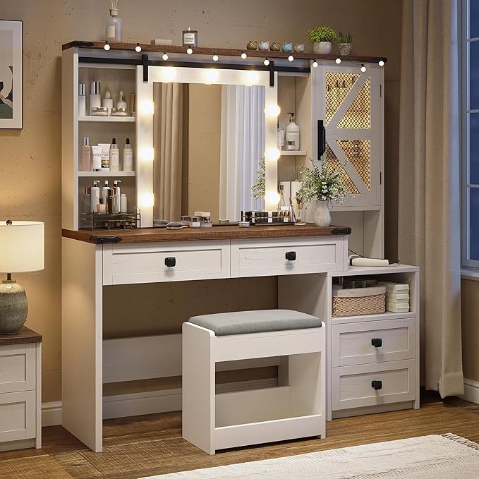EnHomee 47.2" Farmhouse Makeup Vanity Desk with Sliding HD Mirror and Lights, White Vanity Table with 4 Drawers & RGB Cabinets, Modern Lighted Vanity Table for Bedroom, Antique White