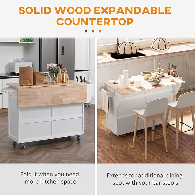 HOMCOM Rolling Kitchen Island Cart with Drop Leaf, Kitchen Cart on Wheels with Rubber Wood Top, 2 Drawers and 2 Storage Cabinets, Island Table for Kitchen, Dining Room, White