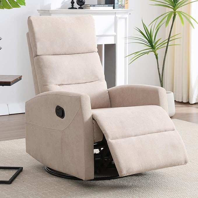 360° Swivel Recliner Chairs for Small Spaces, A Recliner with Side Pockets, Small Rocker Recliner for Living Room, Bedroom, Cream Recliner Chair for Adults