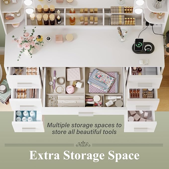 JUMMICO Makeup Vanity Desk with Large Mirror and Lights, Vanity with Power Strip and Hairdryer Holder, 6 Open Shelves and 7 Drawers Modern Dressing Table, for Bedroom (White)