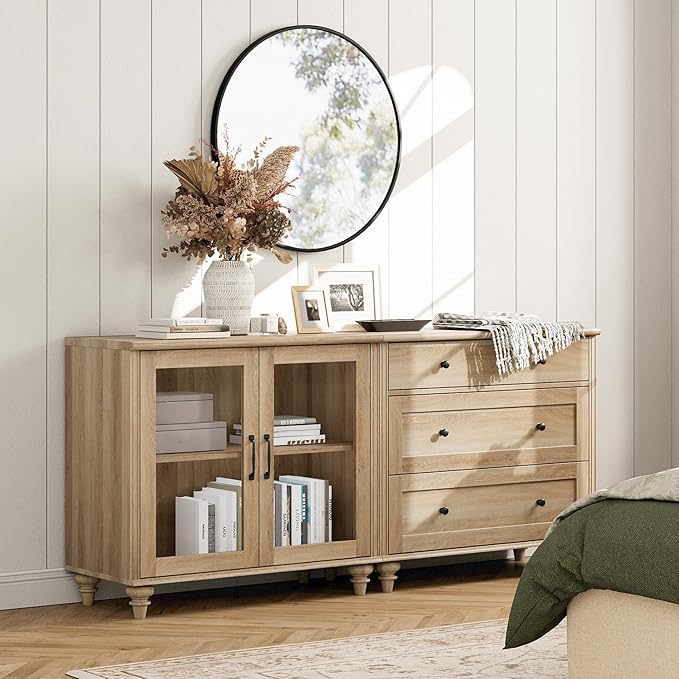 WAMPAT TV Stand for 75 Inch TV, Wood TV Cabinet Entertainment Center Television Stands for Living Room, 2-in-1 Sideboard Buffet Cabinet with Glass Door & Drawer for Kitchen, Oak