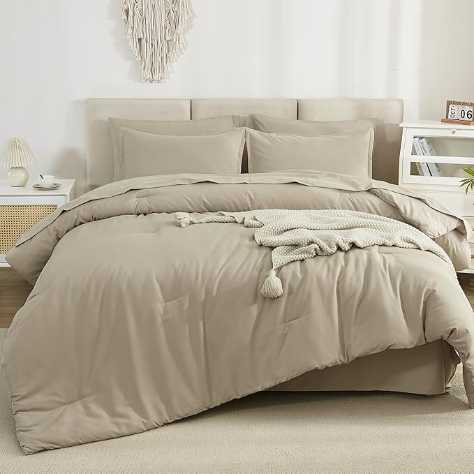 Litanika Comforter California King Size Set Khaki - 7 Pieces Bed in a Bag California King Bedding Comforter Sets, Plain Lightweight Bed Set with Comforter, Sheets, Pillowcases & Shams