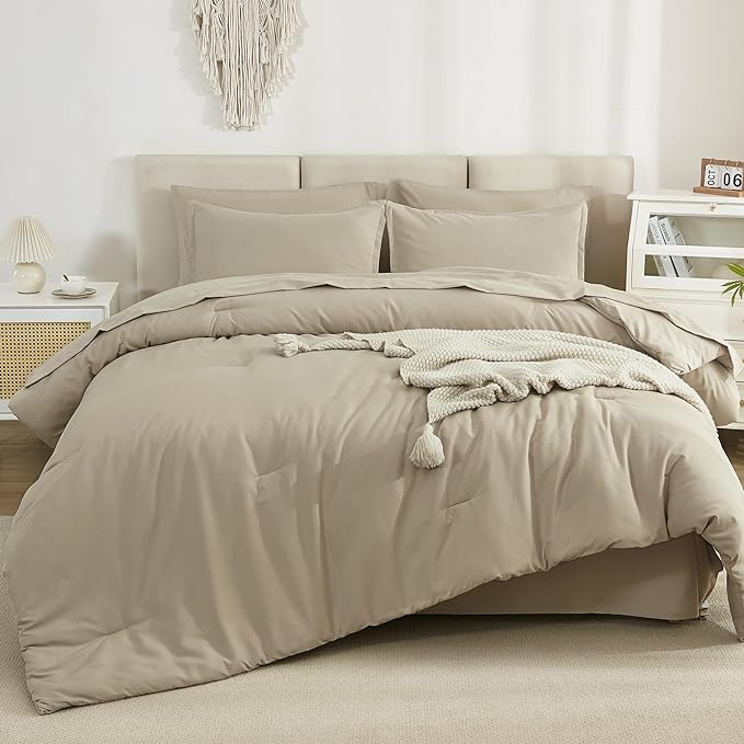 Litanika Comforter Full Size Set Khaki - 7 Pieces Bed in a Bag Full Bedding Comforter Sets, Plain Lightweight Bed Set with Comforter, Sheets, Pillowcases & Shams