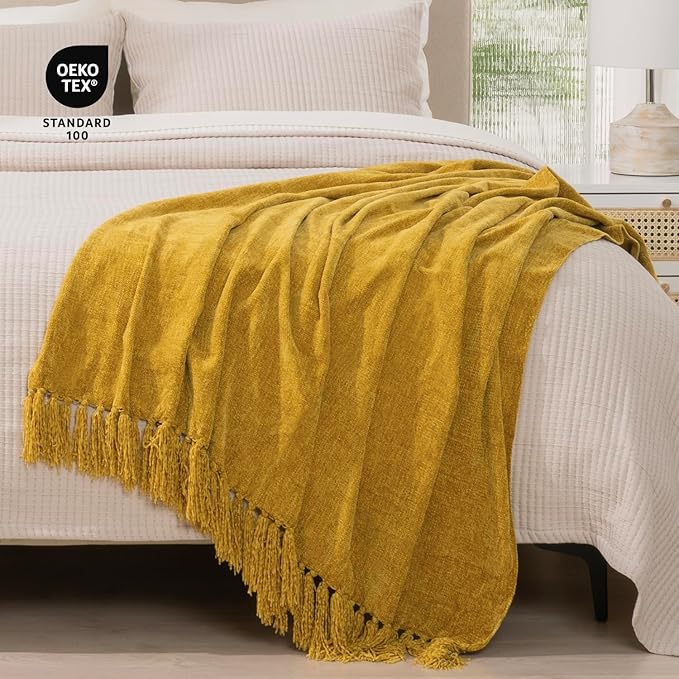 RECYCO Throw Blanket Soft Cozy Chenille Throw Blanket with Fringe Tassel for Couch Sofa Chair Bed Living Room Gift (Mustard Yellow, 50'' x 60'')
