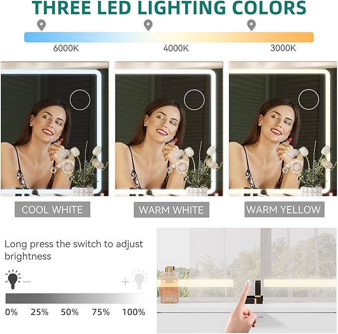 YITAHOME 46" Vanity Desk with Large LED Lighted Mirror, 3 Adjustable Lighting Modes, 11-Drawer Makeup Table Set with Charging Ports, Hair Dryer Holder & Storage Stool for Dressing Room, White