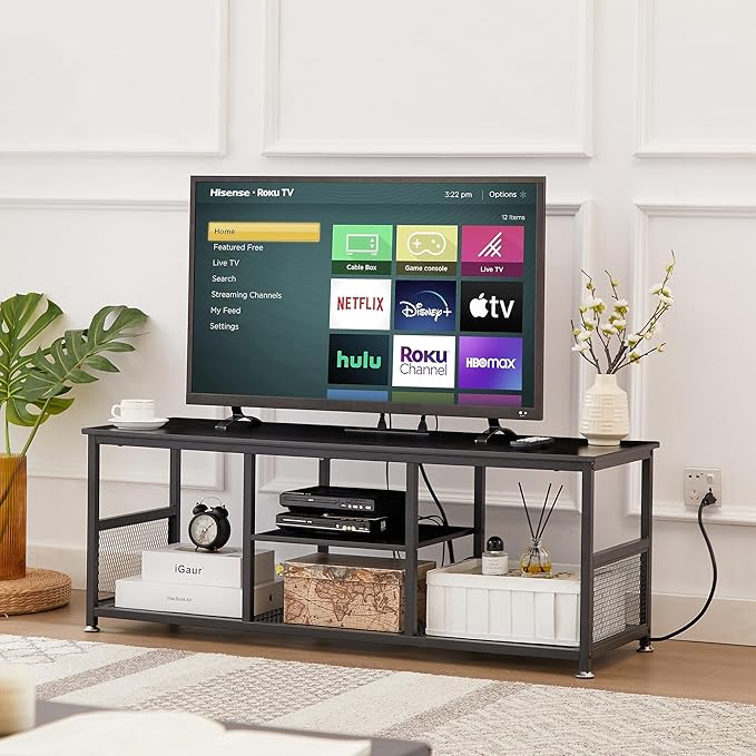 VECELO TV Stand with Power Outlets for Televisions up to 55 Inch, 47" Media Entertainment Center with Charging Station 3-Tier Open Storage Shelves with Metal Frame for Living Room/Bedroom，Black