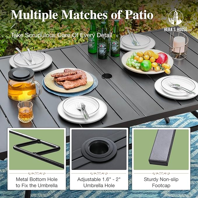 HERA'S HOUSE 7 Pieces Patio Dining Set for 6, Outdoor PE Rattan Chairs and Black Metal Table with 1.57" Umbrella Hole, Outdoor Patio Set for Deck, Balcony, Backyard, Garden