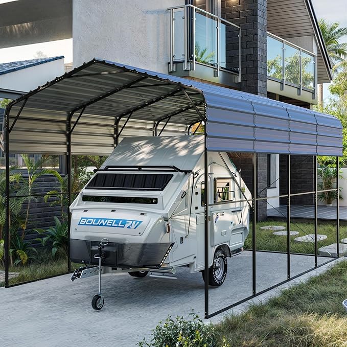 YOLENY 14x20 FT RV Carport, Heavy Duty Metal Carport with Reinforced Metal Frame & Galvanized Roof, Weather-Resistant Car Shelter for RV, Cars, Trucks, Boats, SUVs, and Tractors, Gray