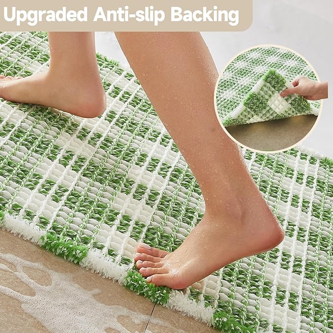 Waffle Bath Mat, Boho Bathroom Rugs Non Slip Washable Absorbent Checkered Bathroom Mat Quick Dry Cute Bath Mat, 36"x24" Green and White