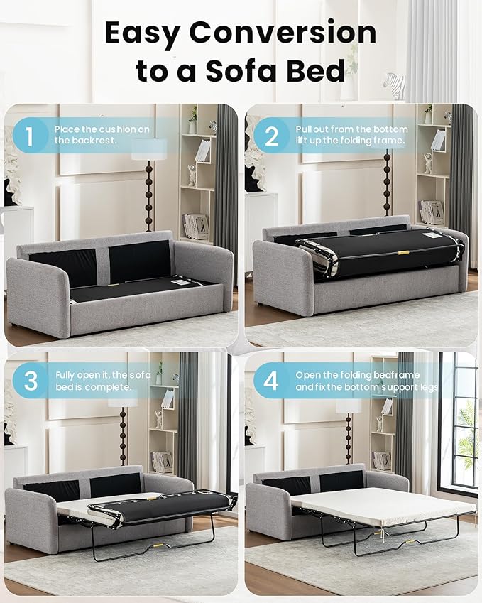 Queen Size Pull Out Sofa Bed, 2 in 1 Convertible Sleeper Sofa Couch with Pullout Bed, Memory Foam Mattress for Living Room Office, Space-Saving, Light Grey